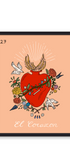 Framed artwork of a red heart with floral elements on a peach background. Buen Dia art prints San Luis Obispo