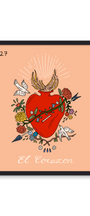 Framed artwork of a red heart with floral elements on a peach background. Buen Dia art prints San Luis Obispo