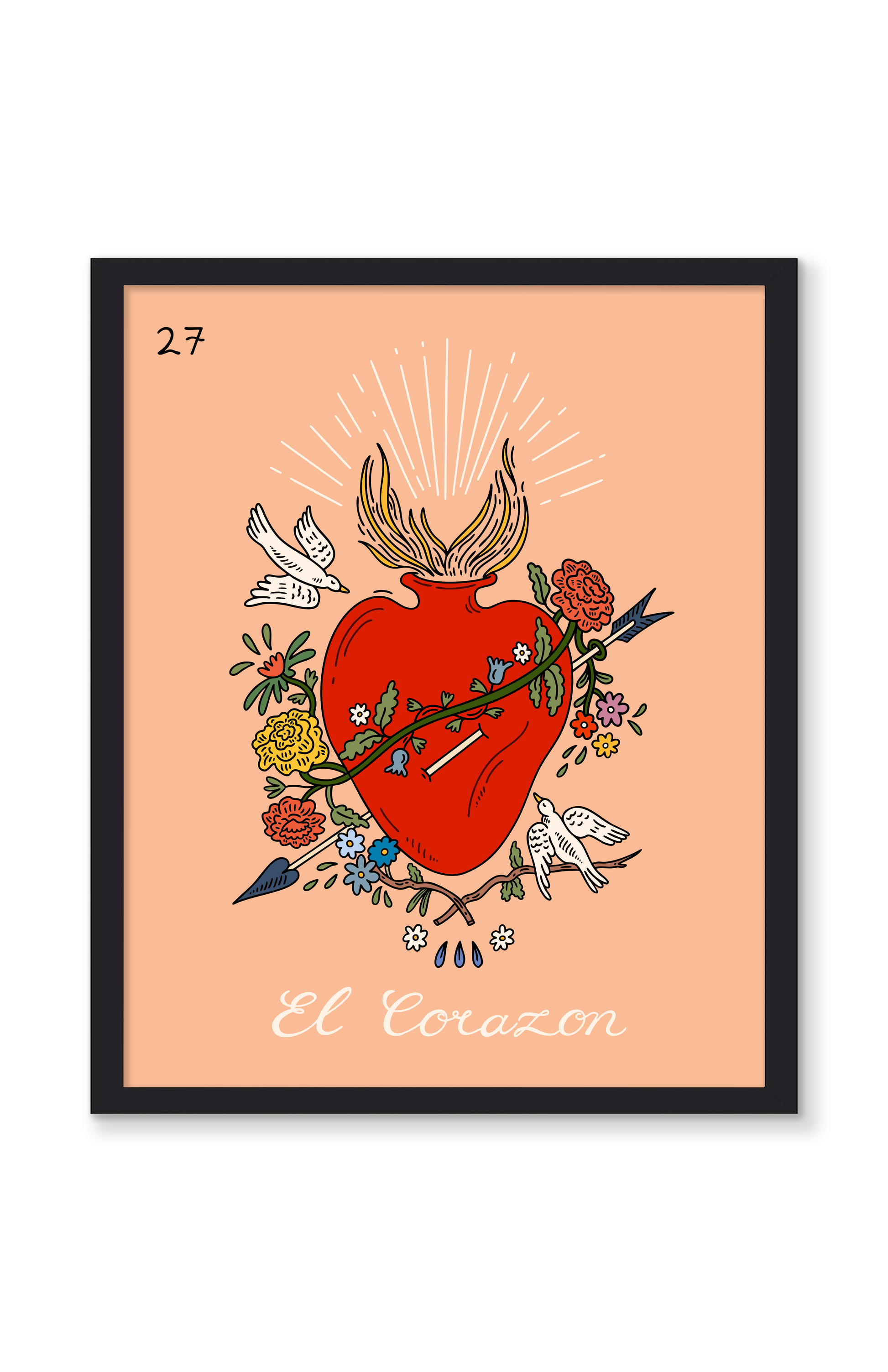 Framed artwork of a red heart with floral elements on a peach background. Buen Dia art prints San Luis Obispo