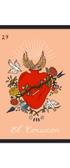 Framed artwork of a red heart with flowers and birds on a peach background, titled 'El Corazon'. Buen Dia art prints San Luis Obispo
