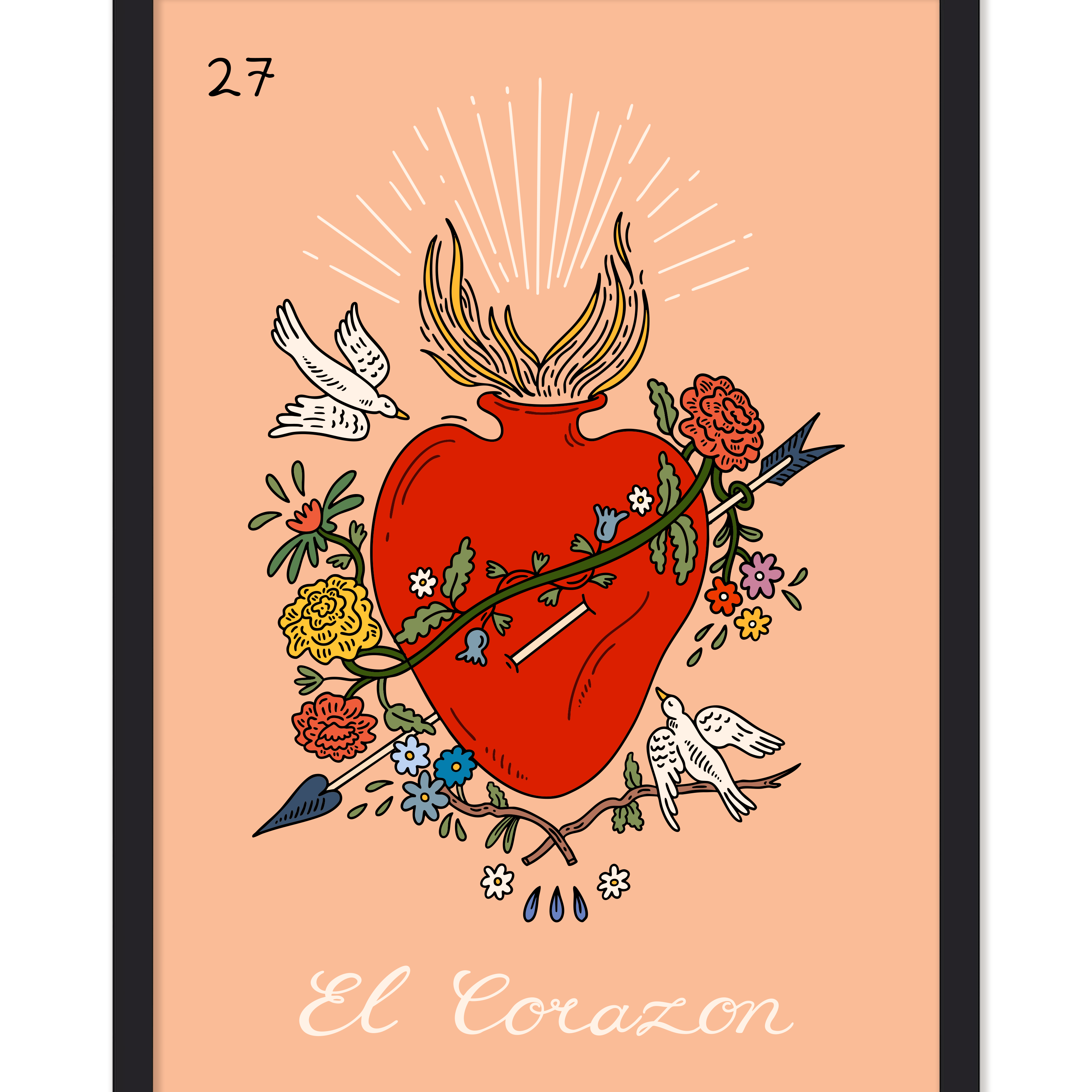 Framed artwork of a red heart with flowers and birds on a peach background, titled 'El Corazon'. Buen Dia art prints San Luis Obispo
