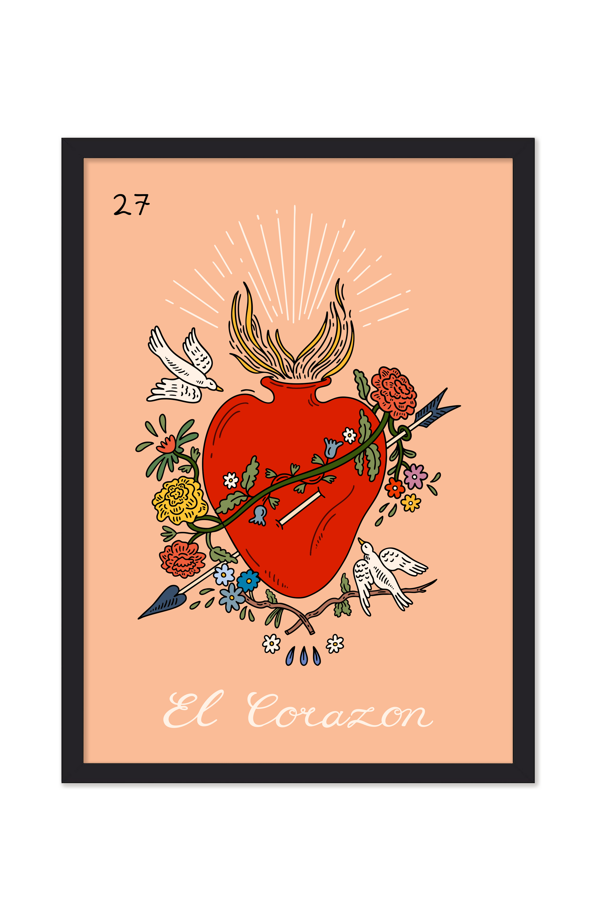 Framed artwork of a red heart with flowers and birds on a peach background, titled 'El Corazon'. Buen Dia art prints San Luis Obispo