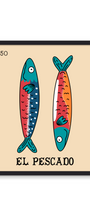 Framed artwork of two colorful fish with 'El Pescado' text on a beige background. Buen Dia art prints San Luis Obispo.