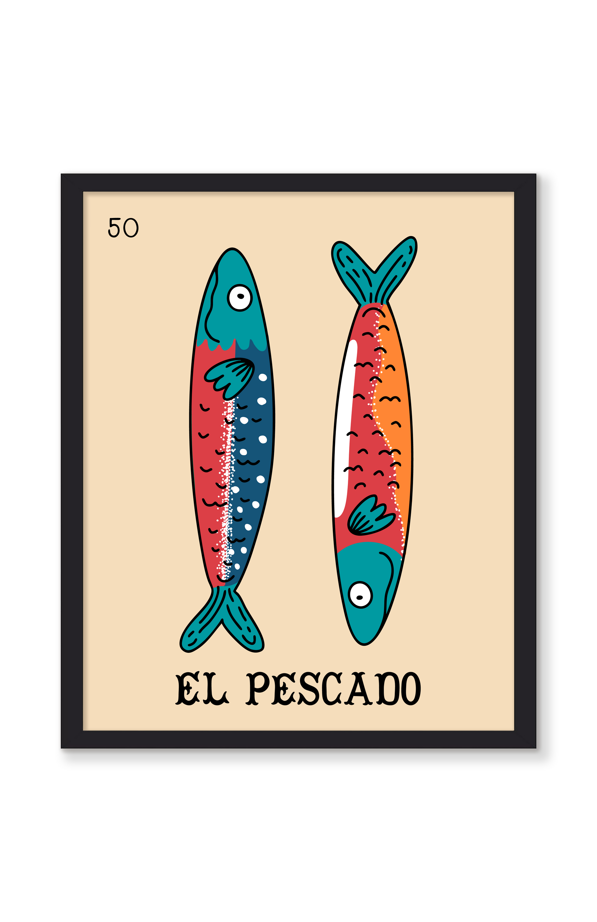 Framed artwork of two colorful fish with 'El Pescado' text on a beige background. Buen Dia art prints San Luis Obispo.