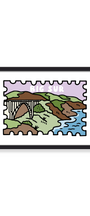 A framed art print featuring a stylized illustration of Big Sur, California, with a bridge, hills, trees, and ocean. The print has a multicolor landscape design with a light purple sky and white border, housed in a black frame against a clean white background.