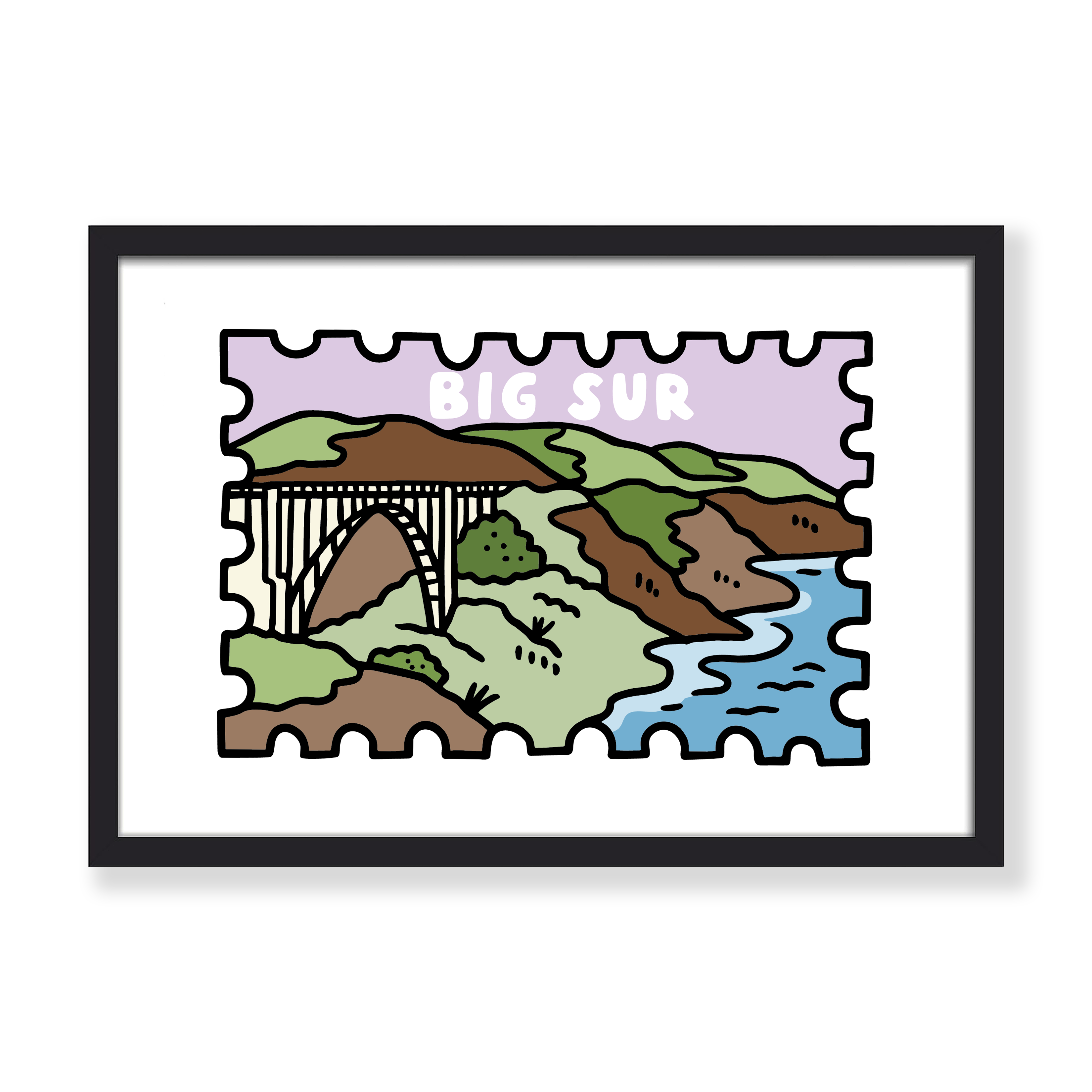 A framed art print featuring a stylized illustration of Big Sur, California, with a bridge, hills, trees, and ocean. The print has a multicolor landscape design with a light purple sky and white border, housed in a black frame against a clean white background.