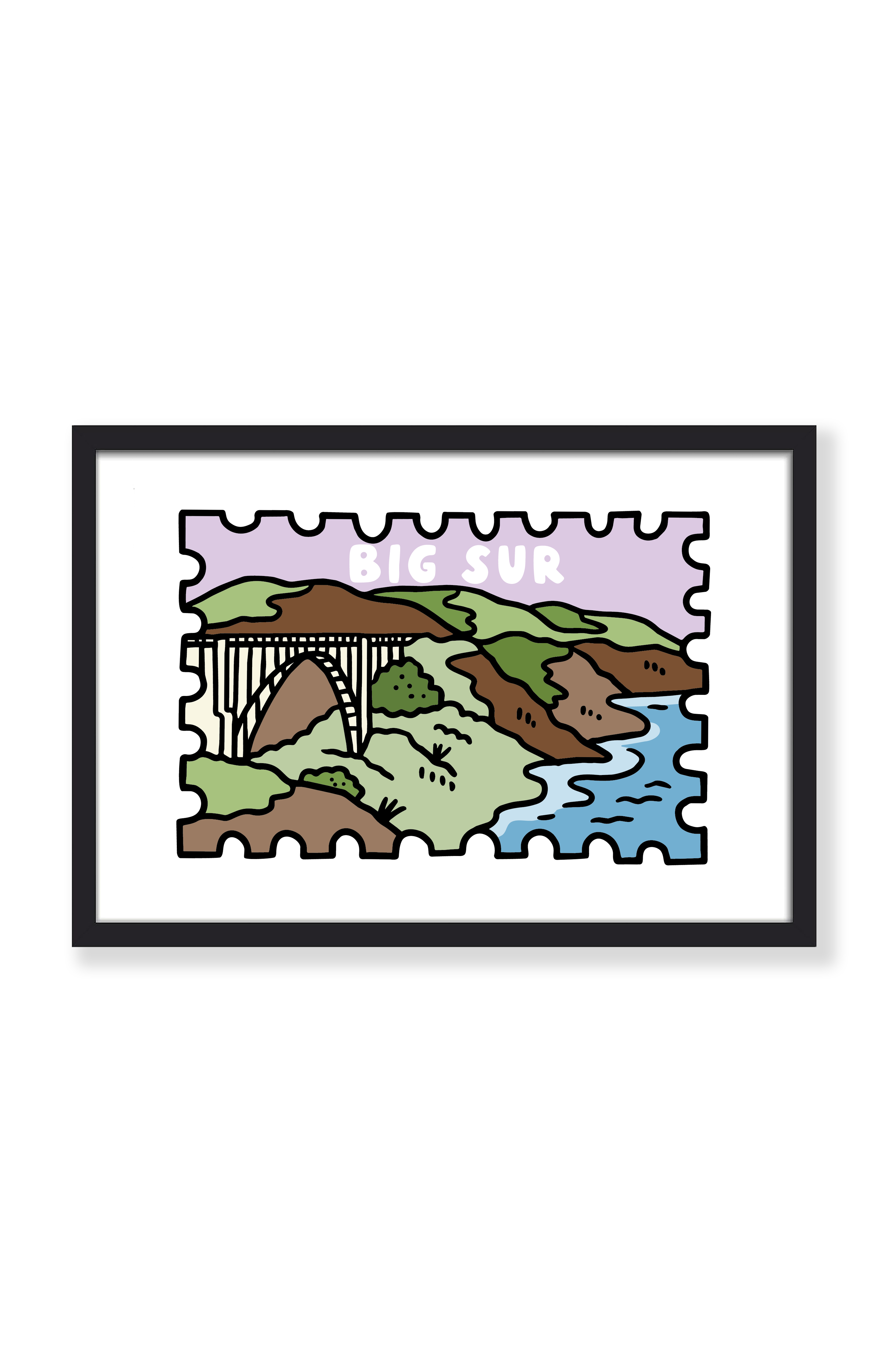 A framed art print featuring a stylized illustration of Big Sur, California, with a bridge, hills, trees, and ocean. The print has a multicolor landscape design with a light purple sky and white border, housed in a black frame against a clean white background.