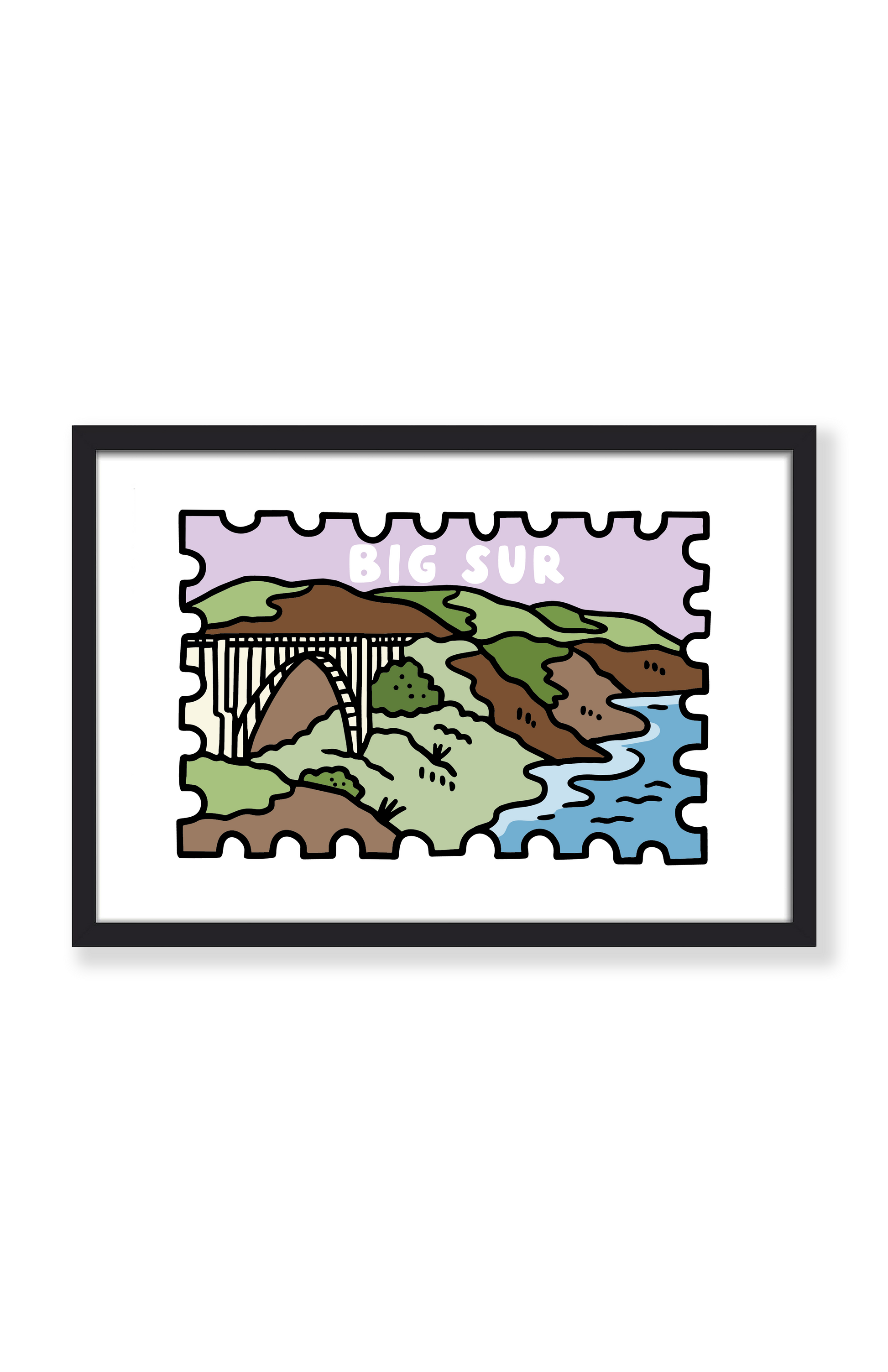 A framed art print featuring a stylized illustration of Big Sur, California, with a bridge, hills, trees, and ocean. The print has a multicolor landscape design with a light purple sky and white border, housed in a black frame against a clean white background.