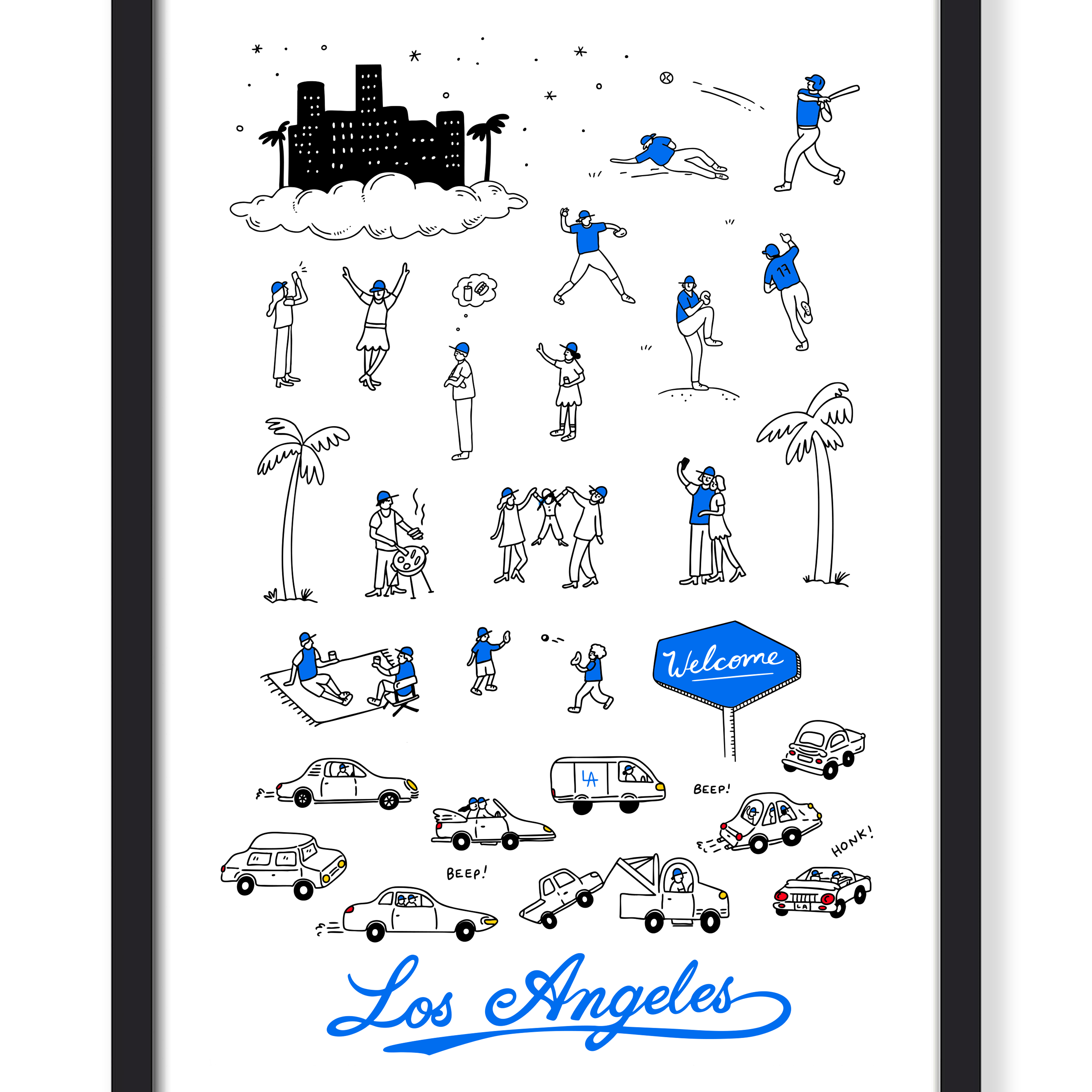 Illustrated poster of Los Angeles with various icons and text on a white background