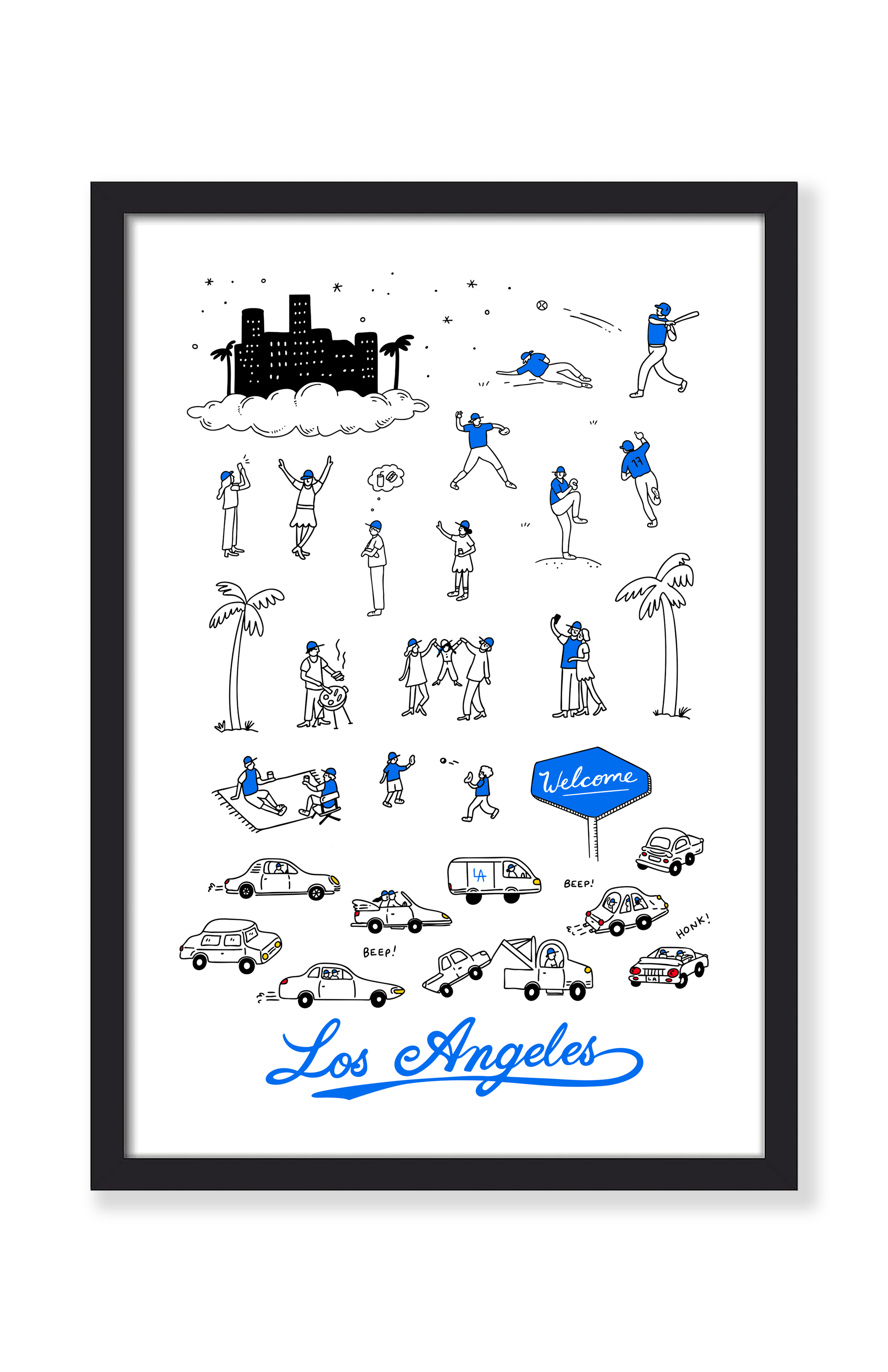 Illustrated poster of Los Angeles with various icons and text on a white background