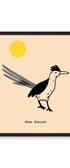 Framed artwork of a road runner with a yellow sun on a beige background. Buen Dia art prints San Luis Obispo.