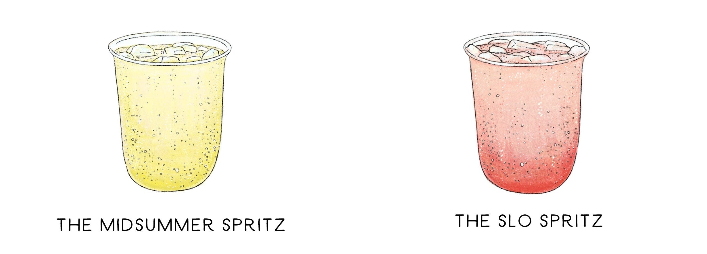 Two illustrated clear plastic cups filled with a bubbly drink on a white background, labeled 'THE MIDSUMMER SPRITZ' in yellow and 'THE SLO SPRITZ' in pink. 