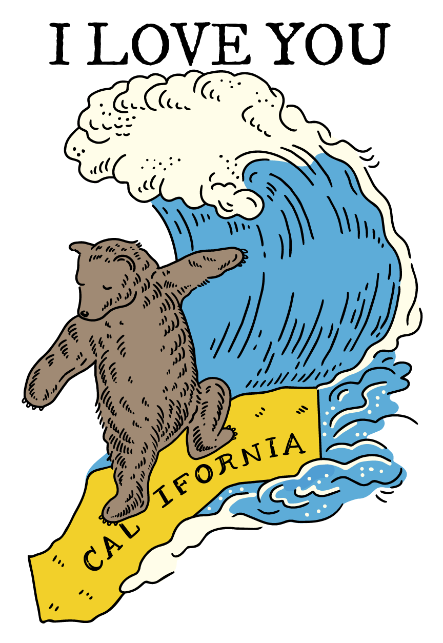 I LOVE SURFING CALI BEAR STICKER