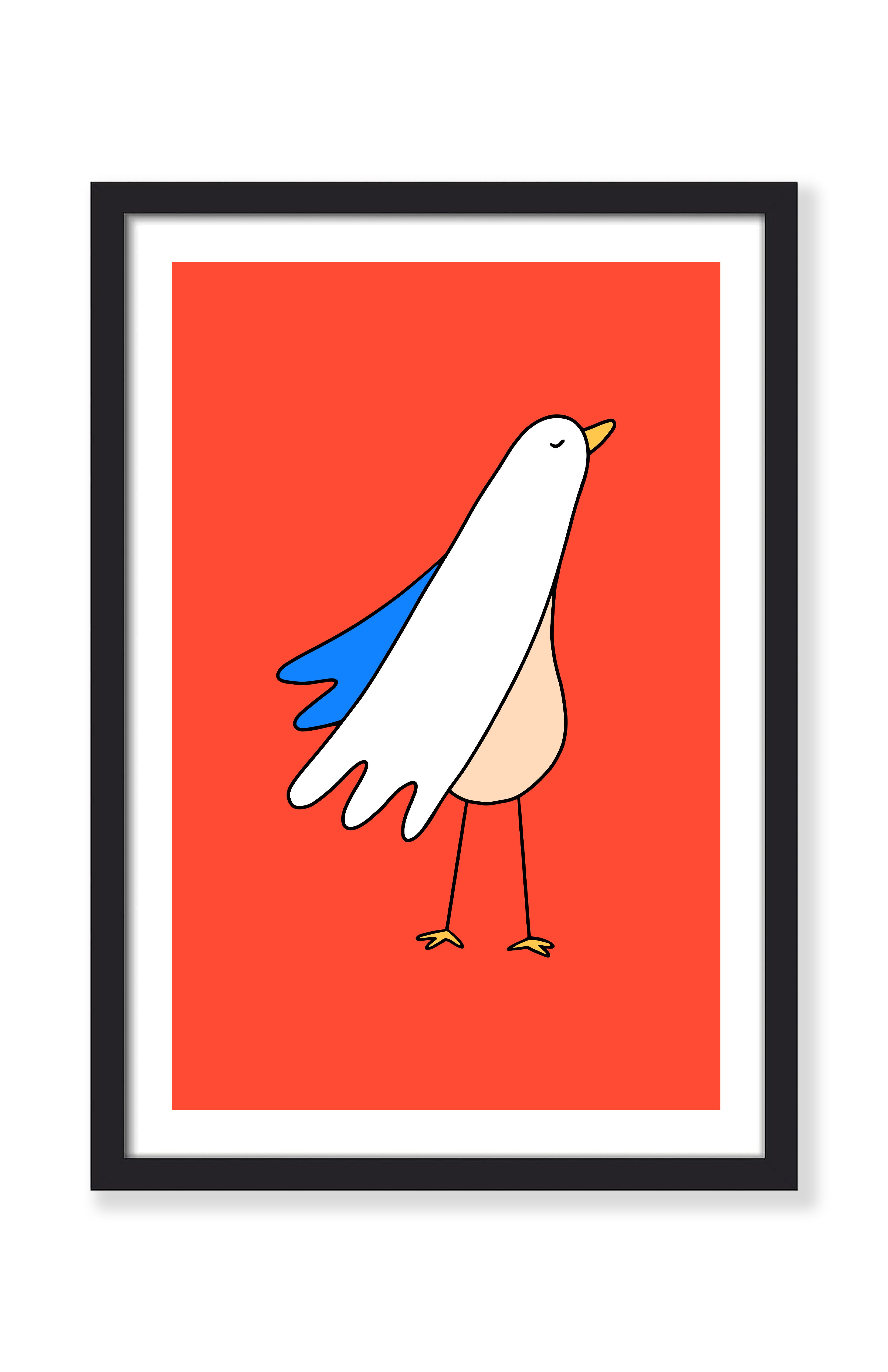 Bird art print in a black frame – Brewster, a white bird with a blue wing on a bright red background