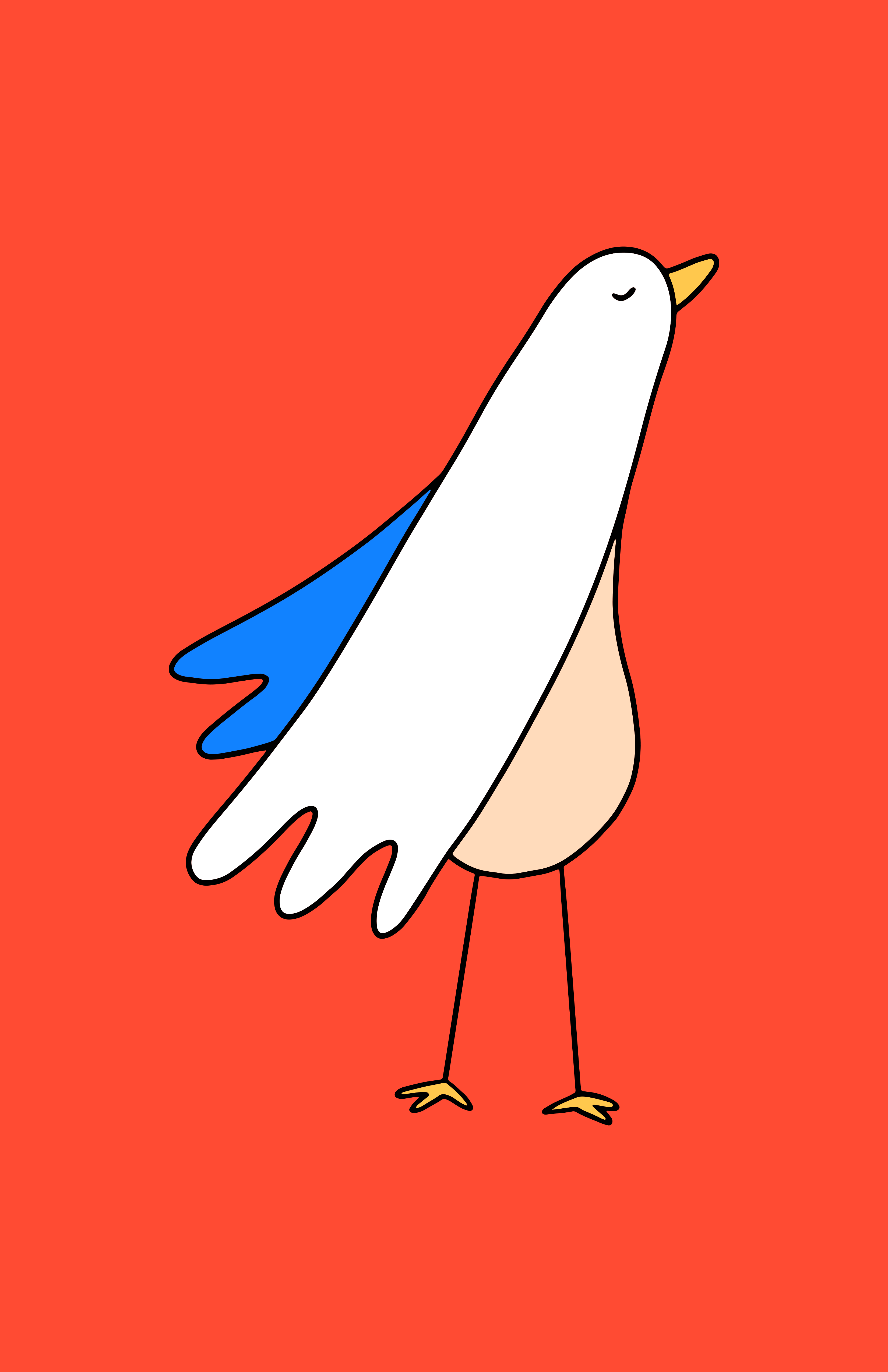 Brewster print – playful illustration of a white bird with a blue wing standing on a red-orange background