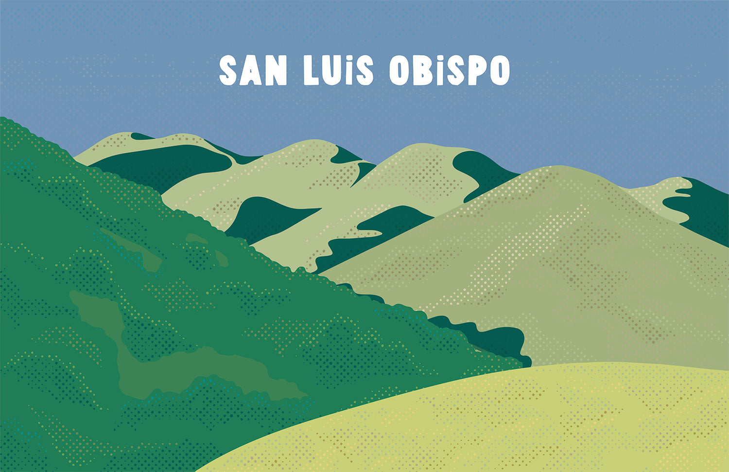 A stylized illustration of rolling green hills with the text 'SAN LUIS OBISPO' across the top.