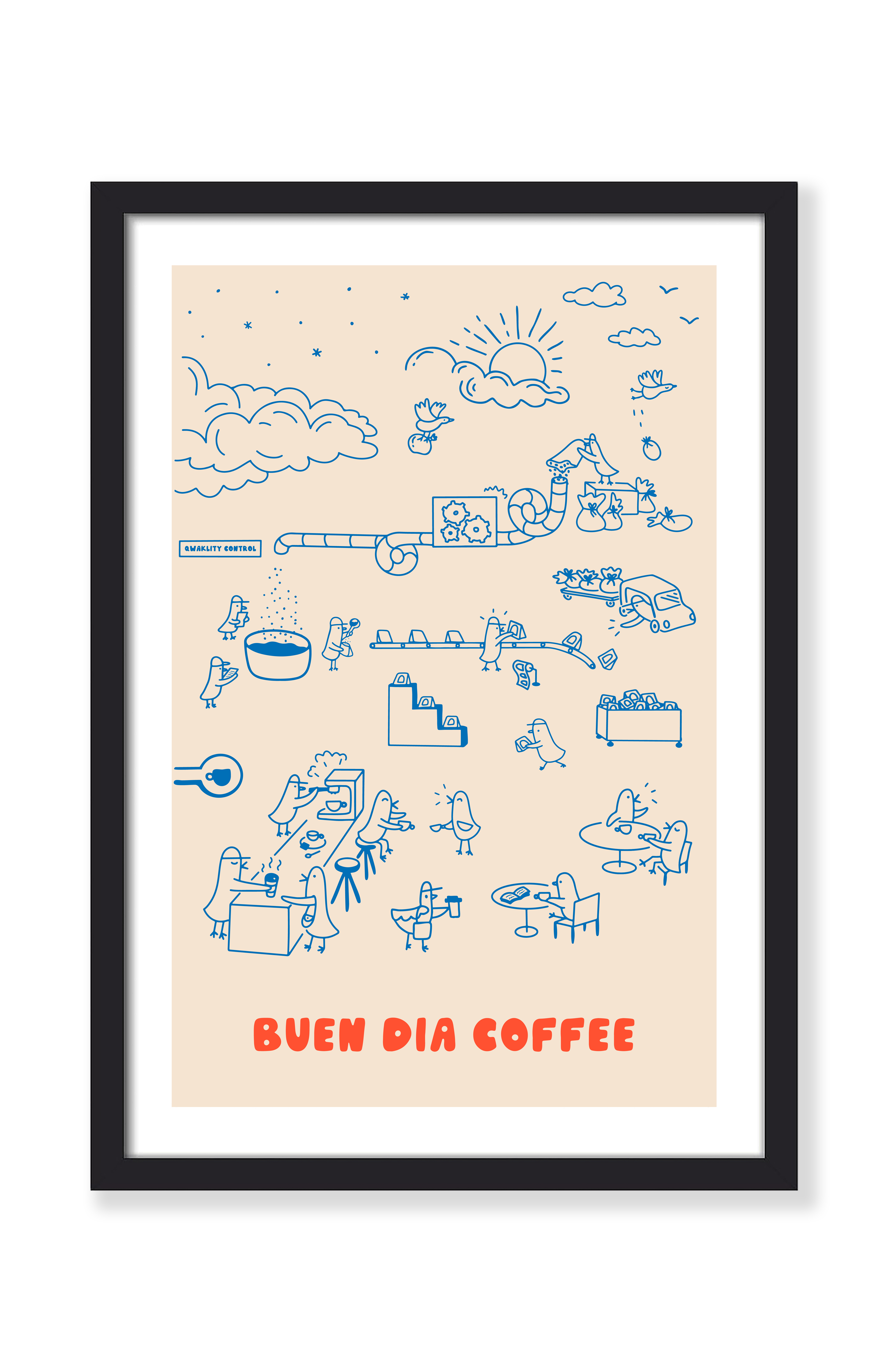 Coffee art print in a black frame – Coffee Chain blue line drawing of a coffee assembly line with "Buen Dia Coffee"