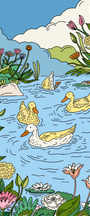 Illustration of ducks swimming in a pond with flowers and plants. Buen Dia Art Prints