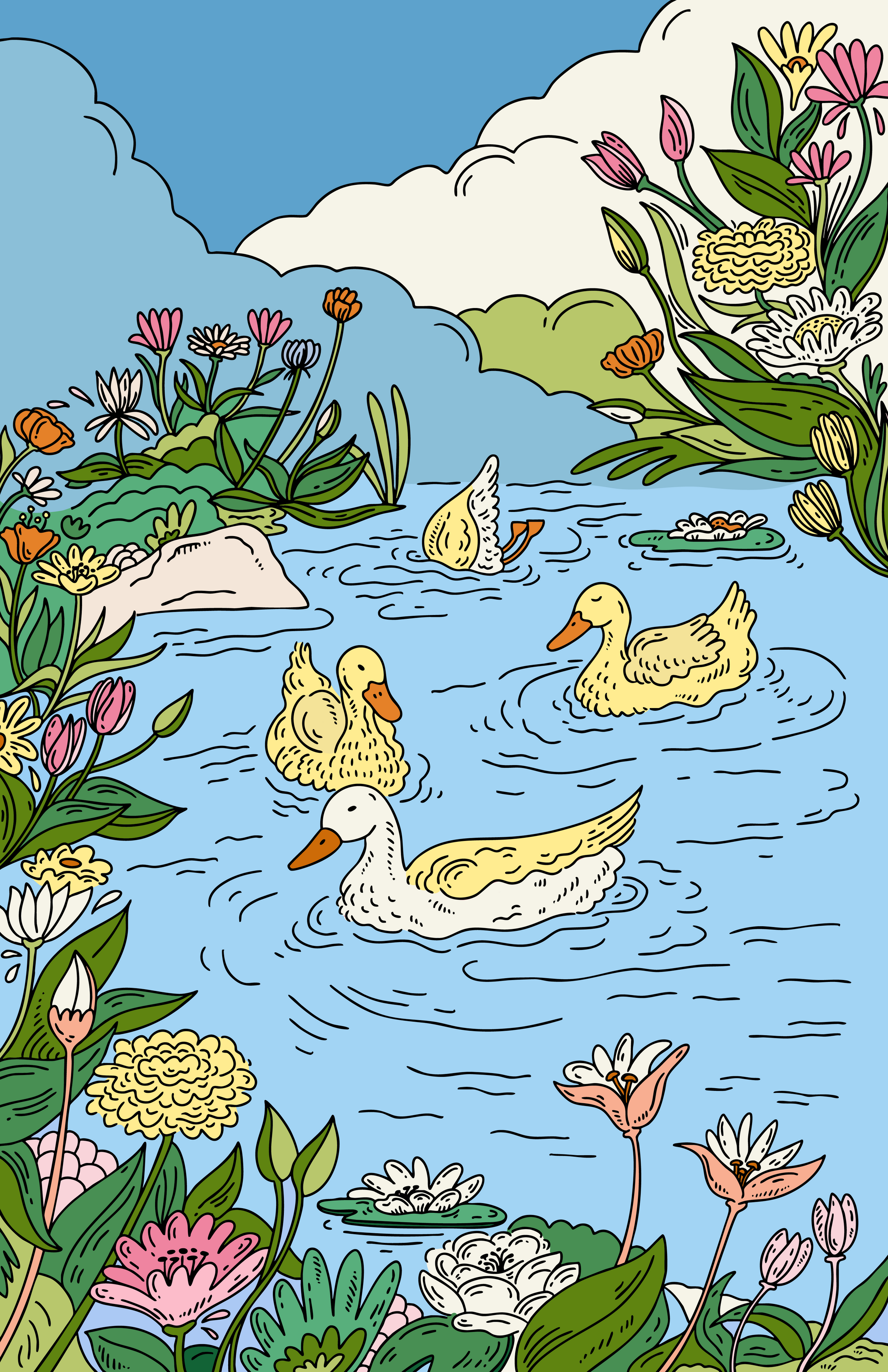 Illustration of ducks swimming in a pond with flowers and plants. Buen Dia Art Prints