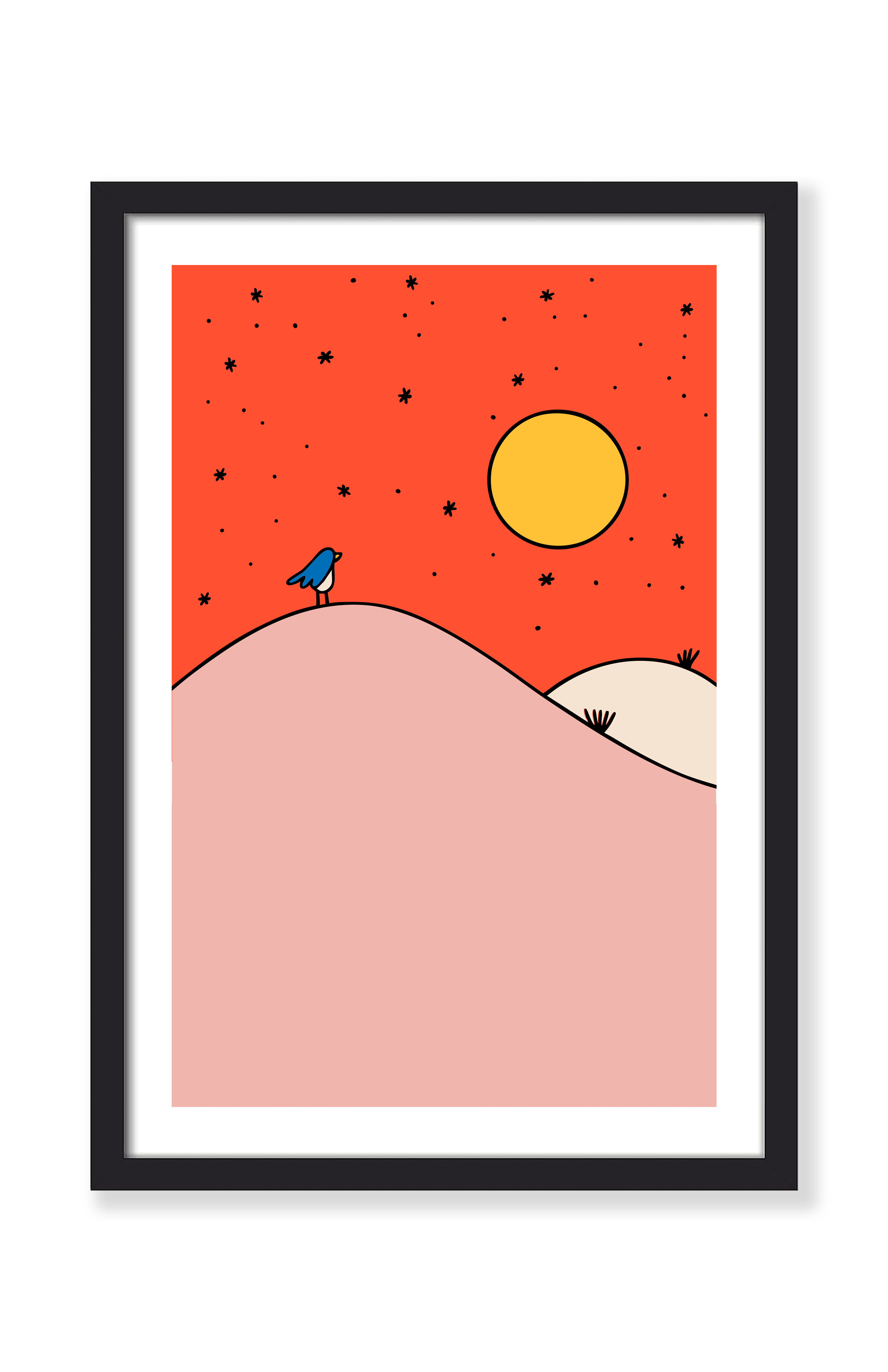 Bird art print in a black frame – Early Bird illustration of a small blue bird on pink hills under a red starry sky
