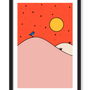 Bird art print in a black frame – Early Bird illustration of a small blue bird on pink hills under a red starry sky