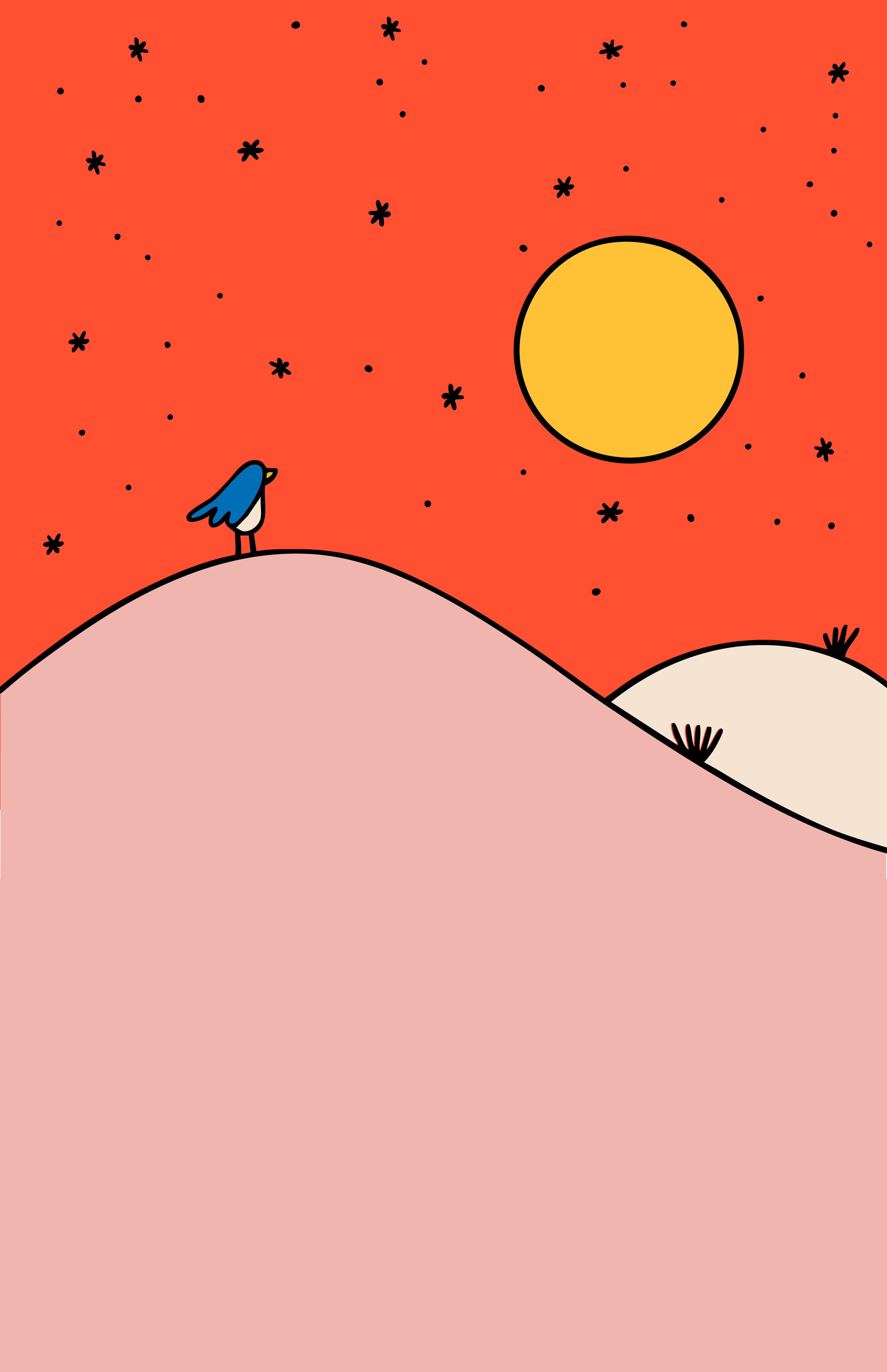 Early Bird print – minimalist illustration of a blue bird on a pink hill with a yellow sun and red sky