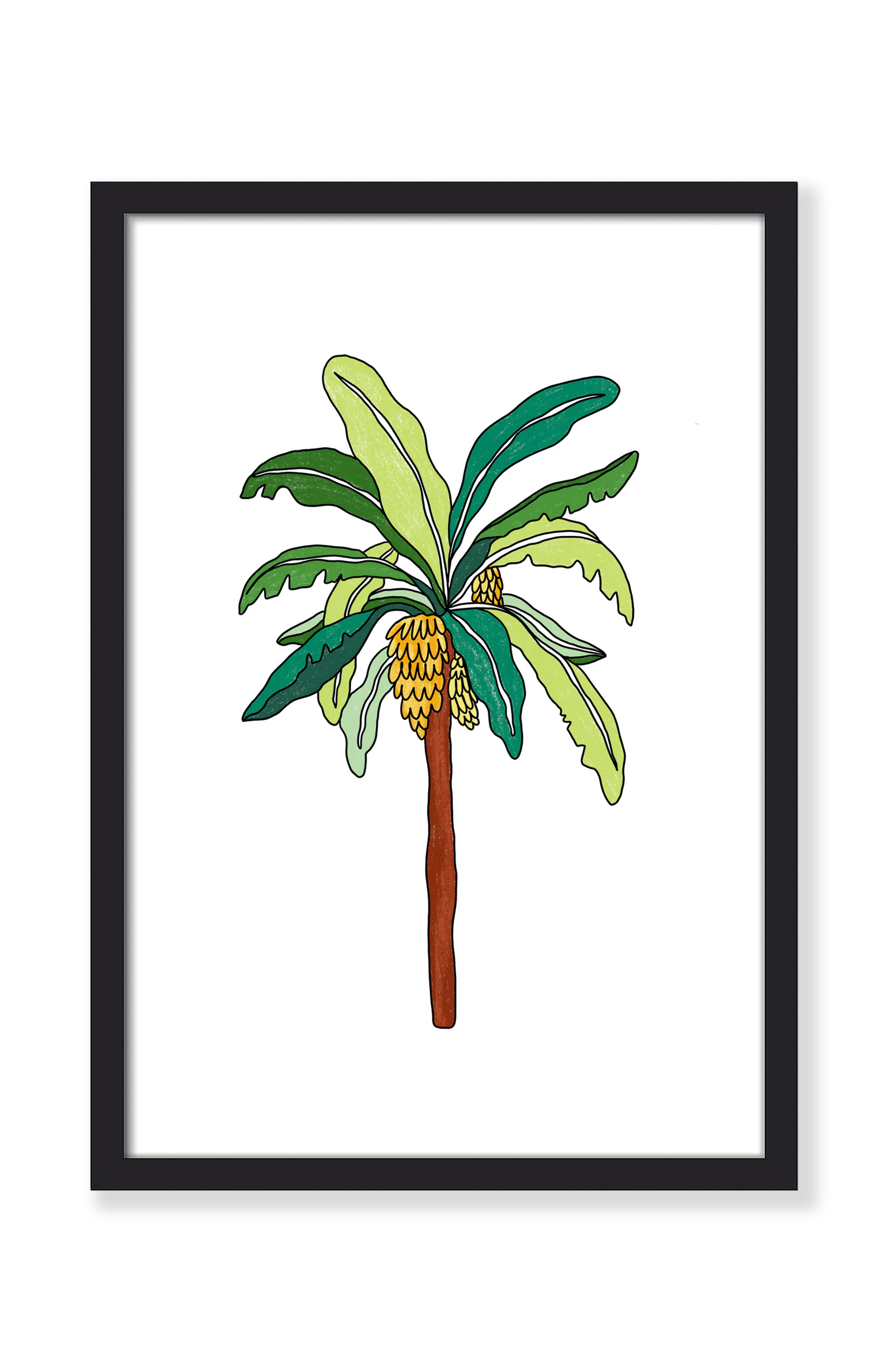 Banana tree art print in a black frame – El Banano illustration of a banana palm with yellow bananas