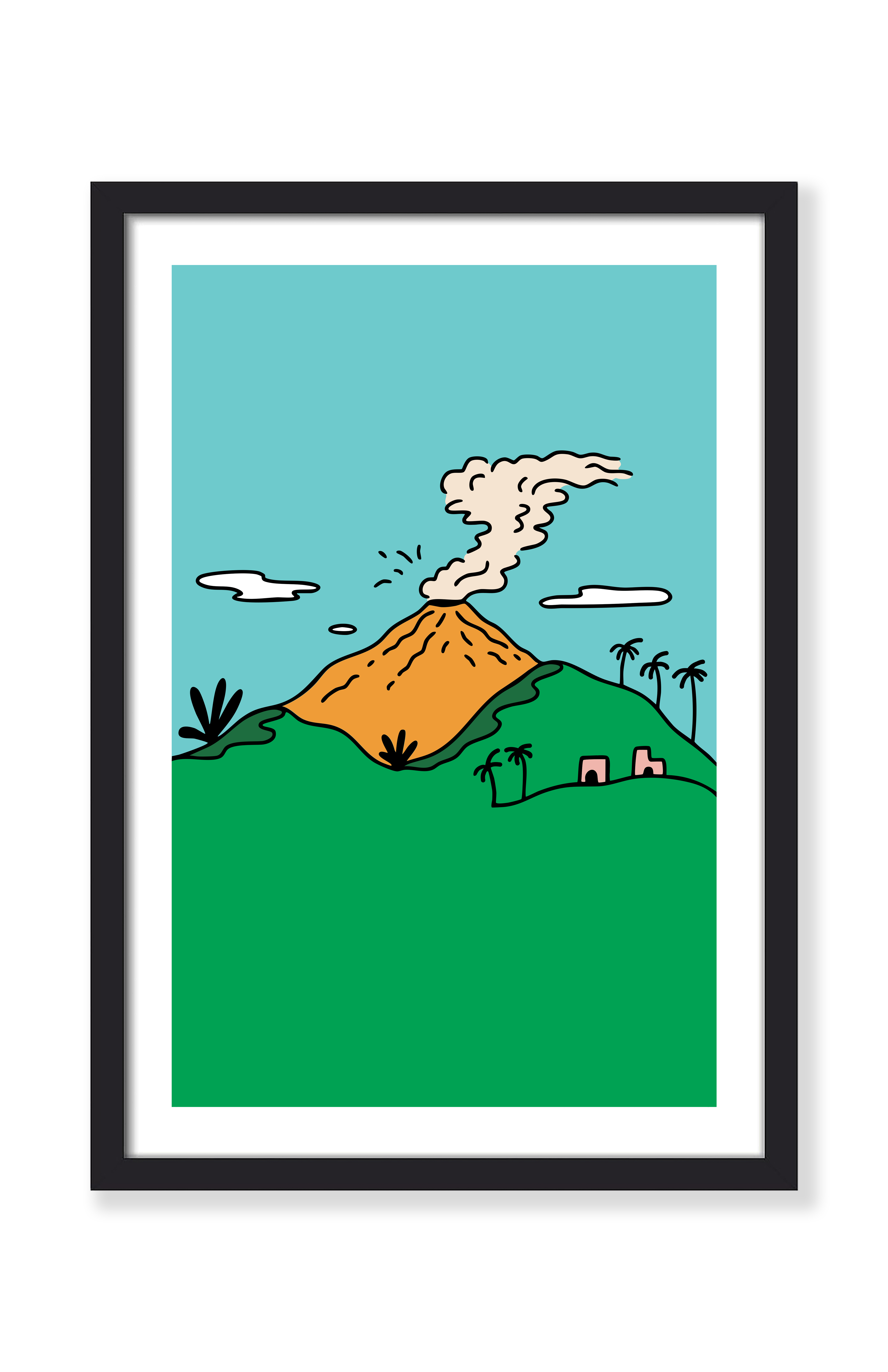 Guatemala art print in a black frame – illustration of a smoking orange volcano above green coffee hills