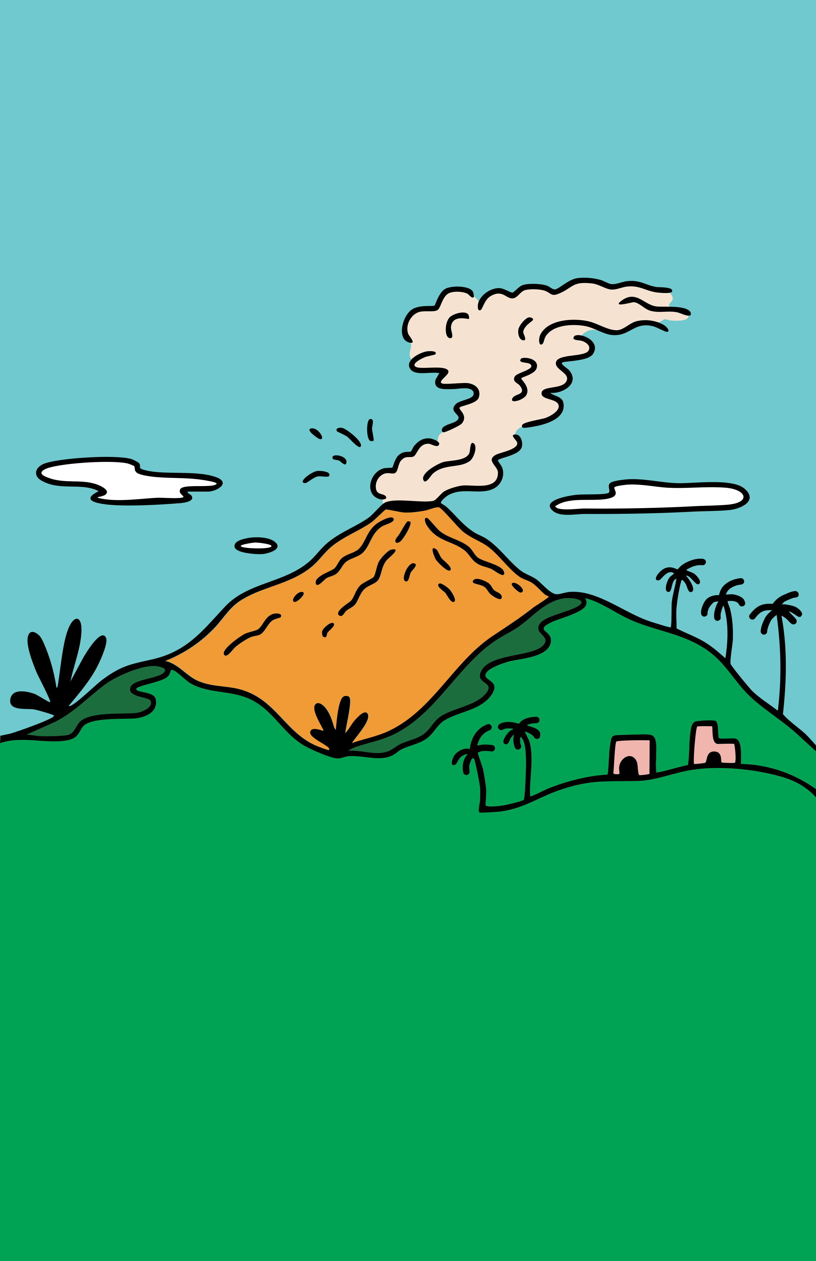 Guatemala print – colorful illustration of a volcano puffing smoke over green hills and palm trees under a blue sky