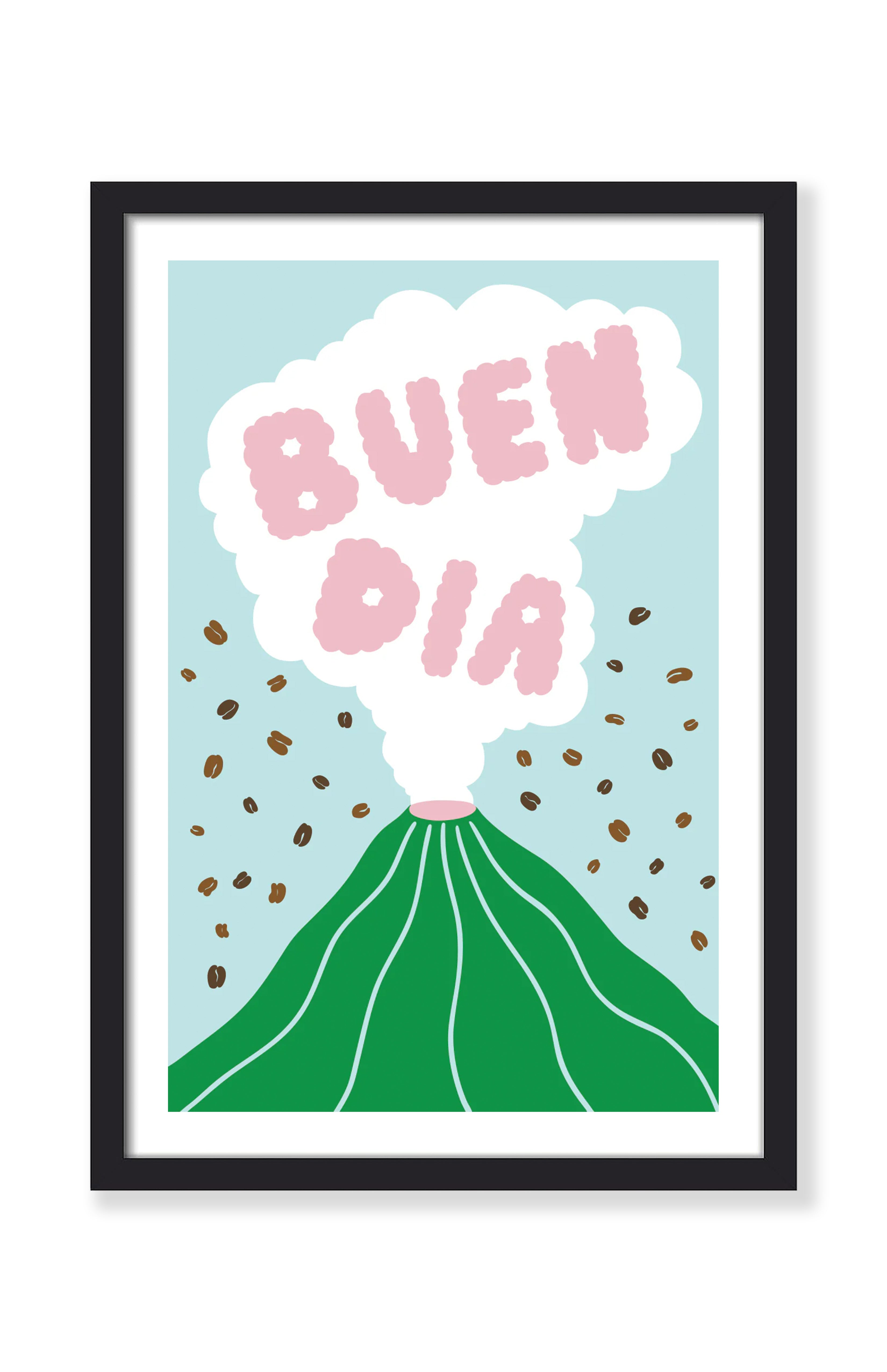 Buen Dia coffee art print in a black frame – green volcano erupting a pink "Buen Dia" cloud and coffee beans