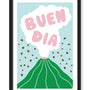 Buen Dia coffee art print in a black frame – green volcano erupting a pink "Buen Dia" cloud and coffee beans