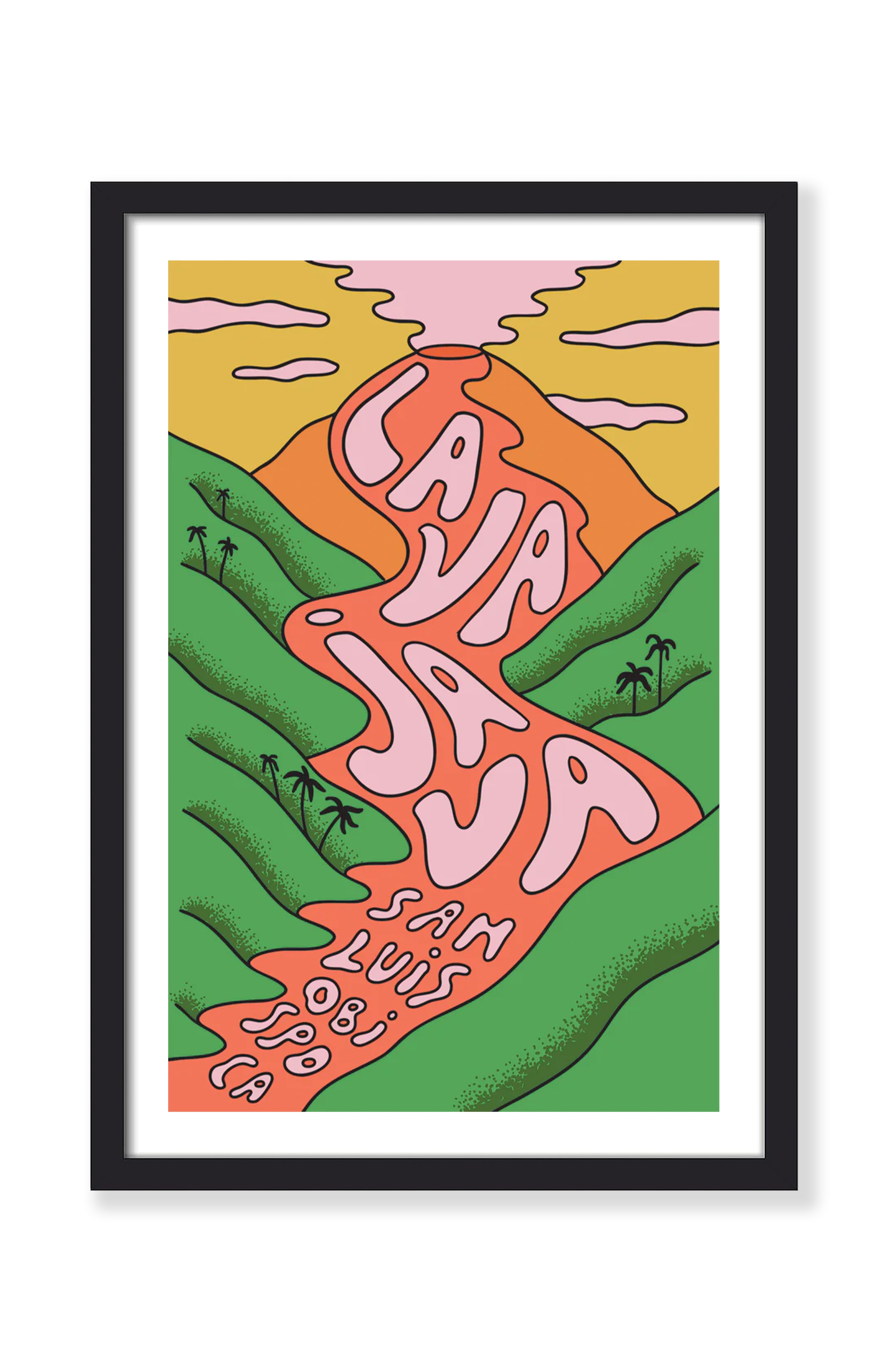 San Luis Obispo art print in a black frame – Lava Java illustration of a pink coffee lava river winding through green hills