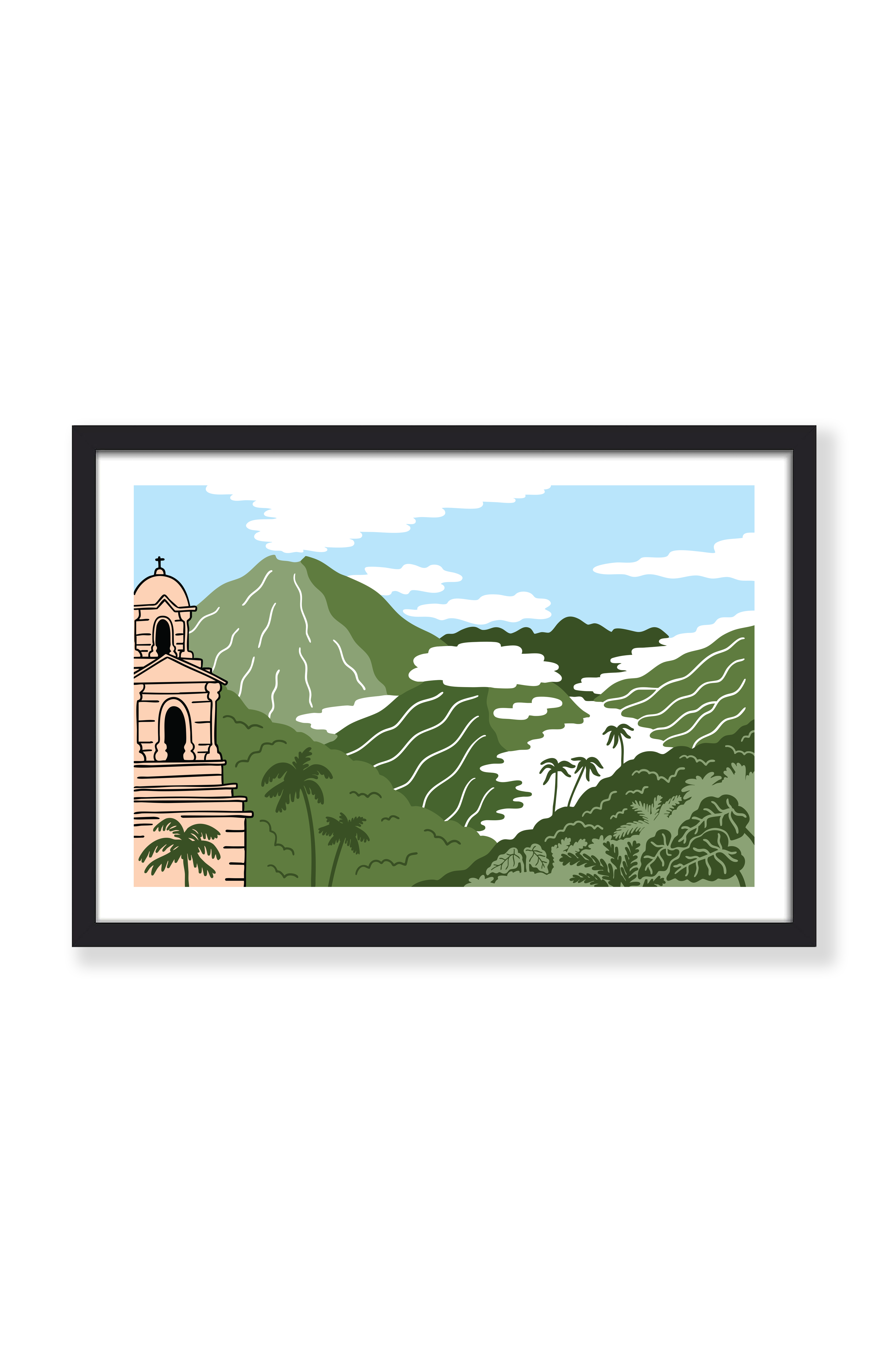 Coffee landscape art print in a black frame – Morning Bloom illustration of a church, green mountains and clouds
