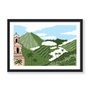 Coffee landscape art print in a black frame – Morning Bloom illustration of a church, green mountains and clouds