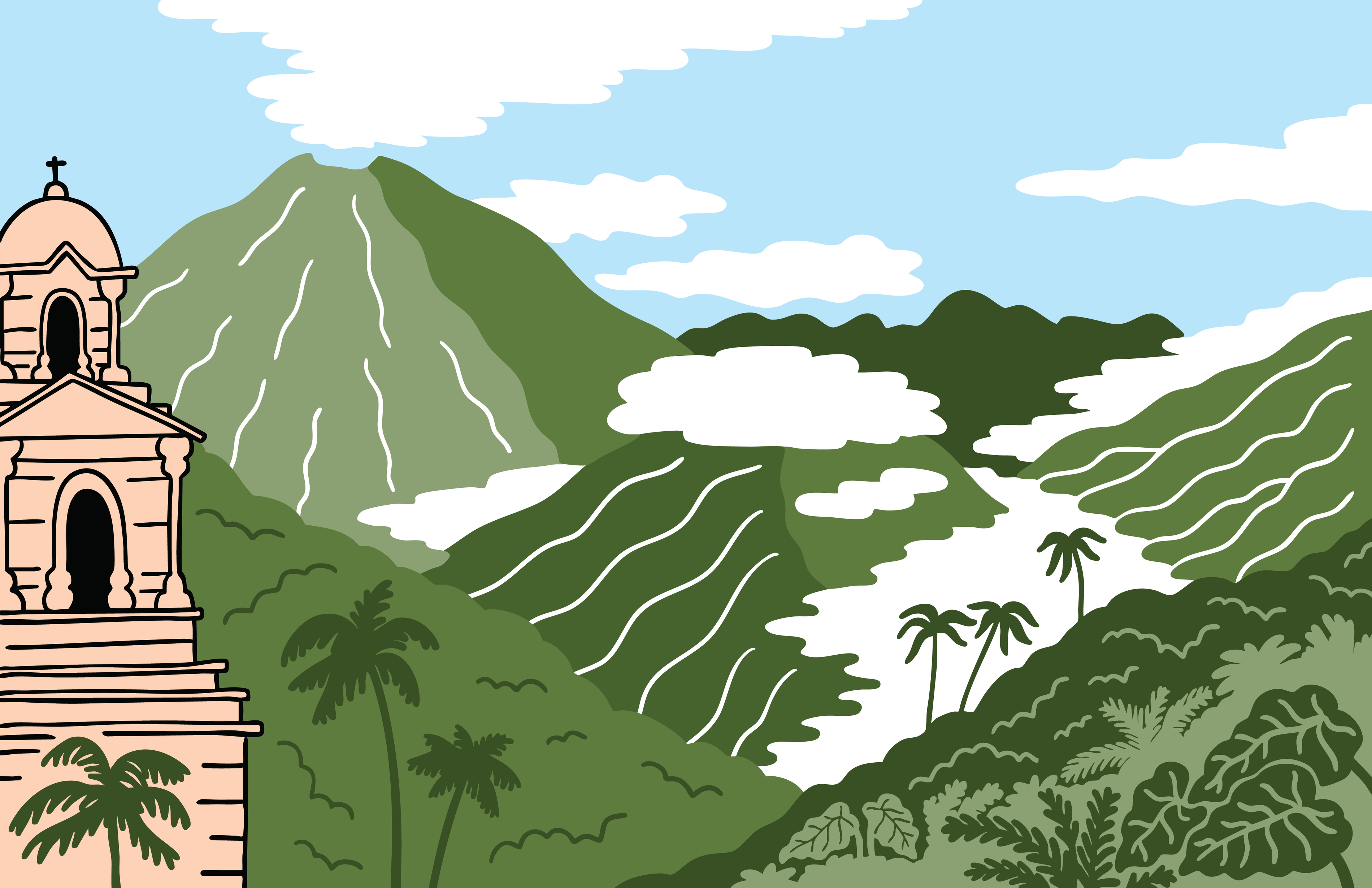 Morning Bloom print – horizontal illustration of a colonial church tower, green volcanoes and white clouds over coffee fields