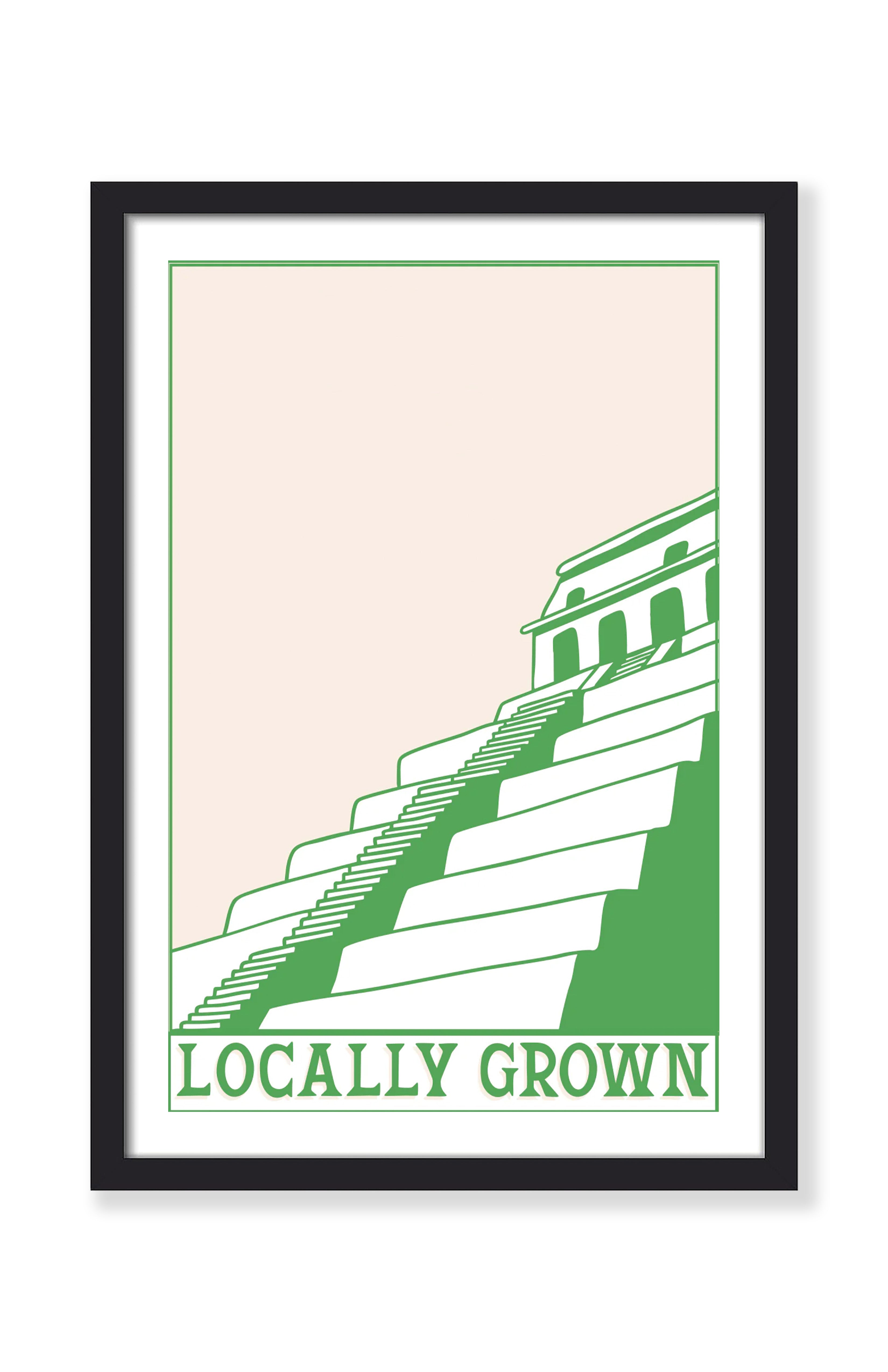 Coffee art print in a black frame – green Mayan-style temple on terraced hills with "Locally Grown" text