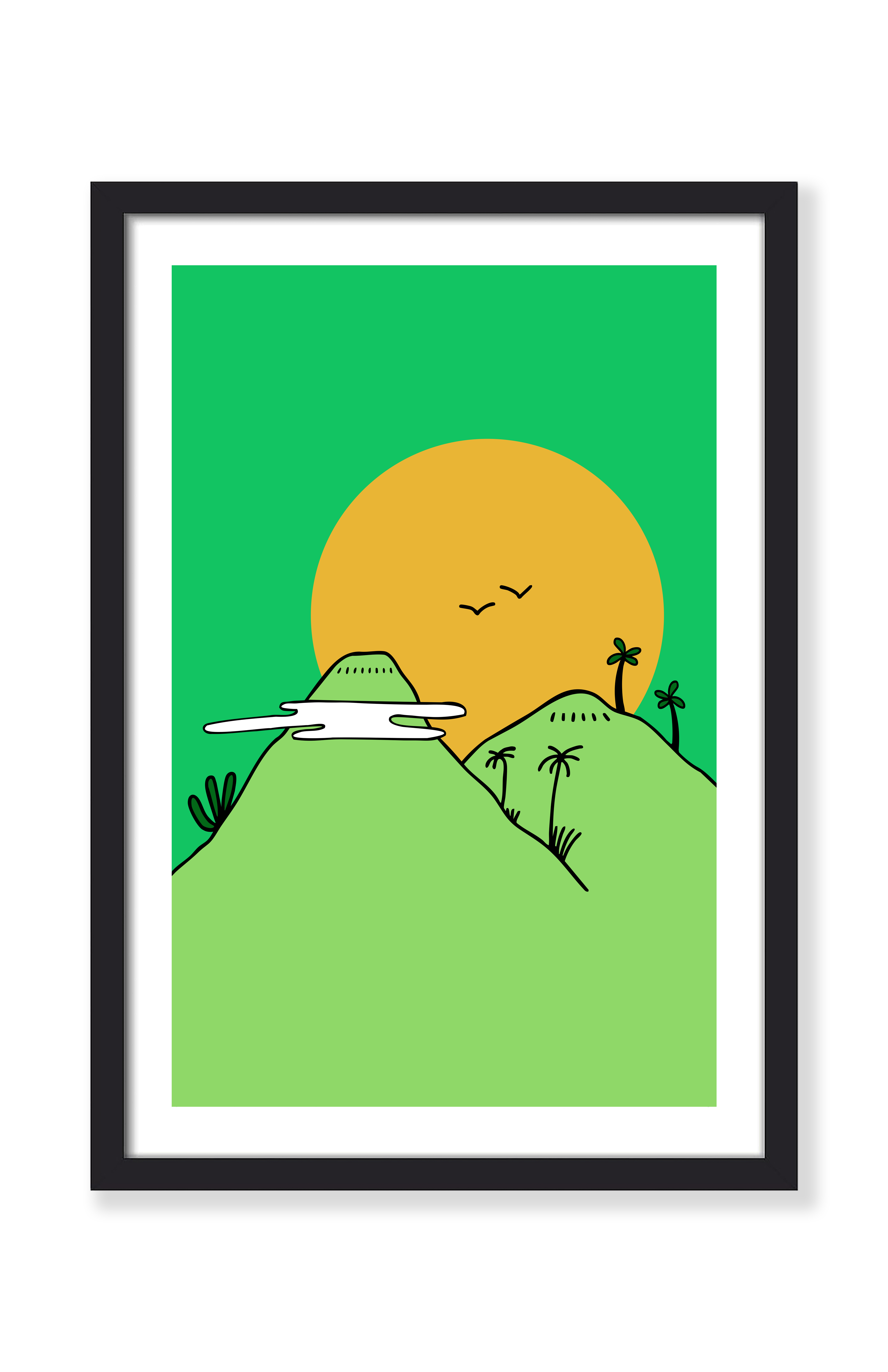 Tropical art print in a black frame – Tropical Paradise illustration of green hills, palm trees and a big orange sun