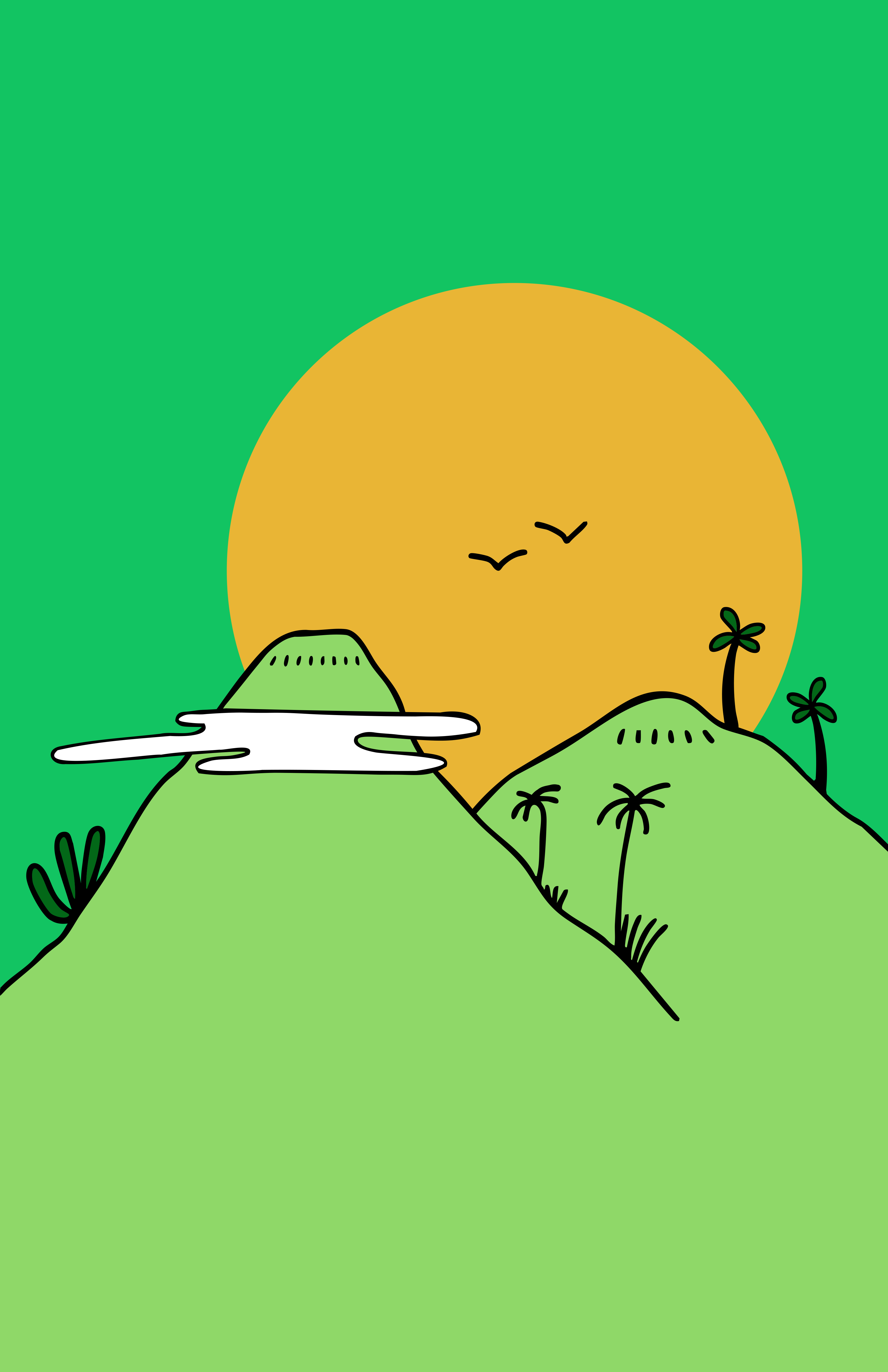 Tropical Paradise print – minimalist illustration of green hills with palm trees, birds and a large orange sun